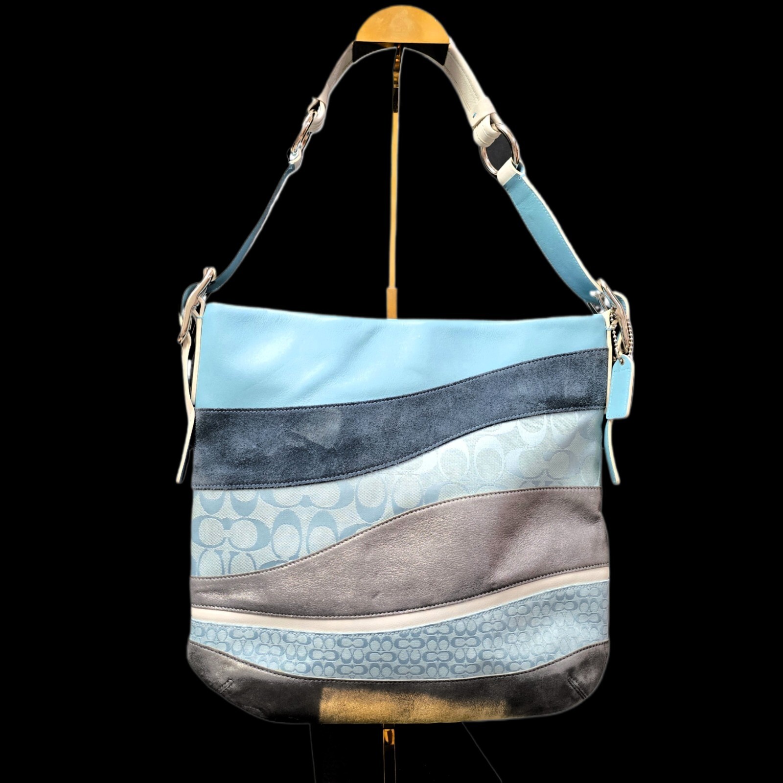 Coach Vintage Signature Wave Duffle Patchwork Hobo Bag – Blue #10653 – RARE
