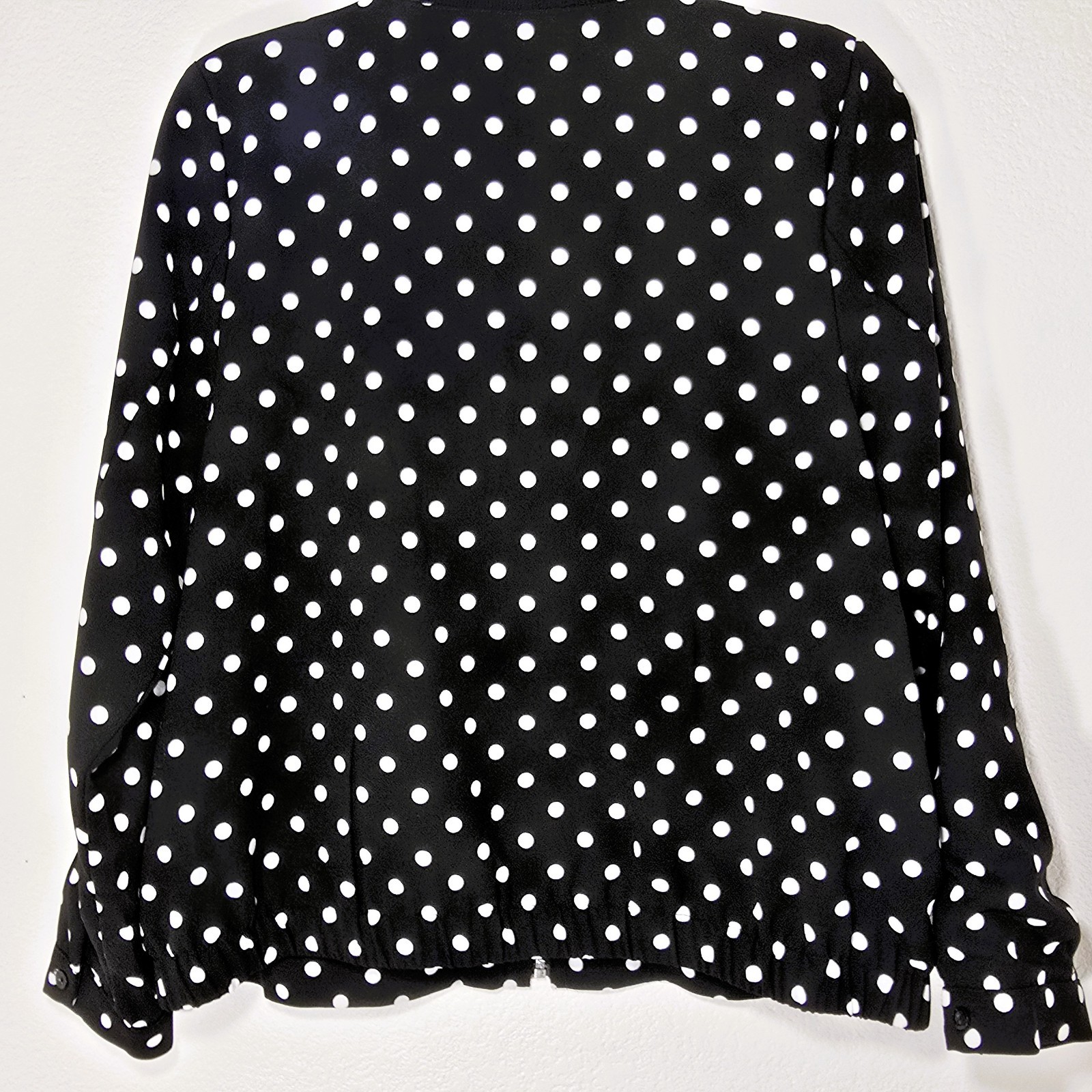 ELLE Womens Black White Polka Dot Bomber Jacket Medium Full Zip Pockets Lined