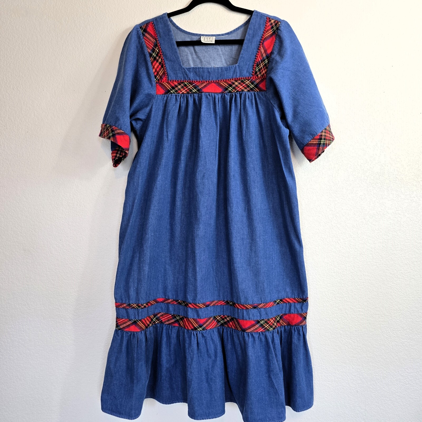 VTG 1980s Appel Denim Look Dress Boho Red Plaid Trim L/XL Grandmacore Cotton