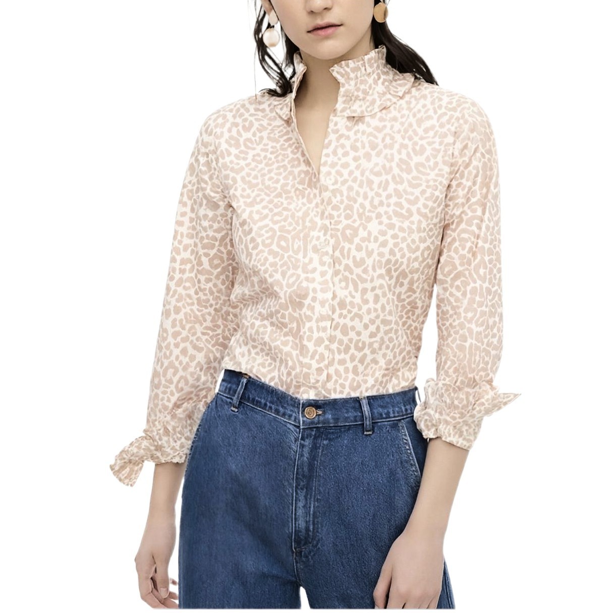 J Crew Women’s Classic-Fit Leopard Print Ruffle Neck & Cuff Shirt Blouse Sz 2