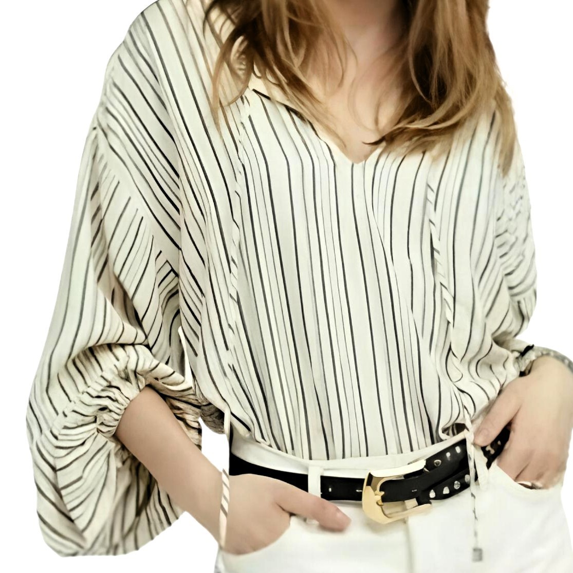Free People Striped Bishop-Sleeve Tunic Blouse S – Boho Chic, All-Seasons