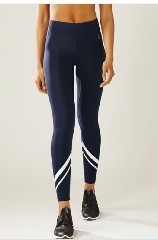 Tory Sport Chevron Leggings – Luxe Navy with White Stripes, Iconic Style, Size S