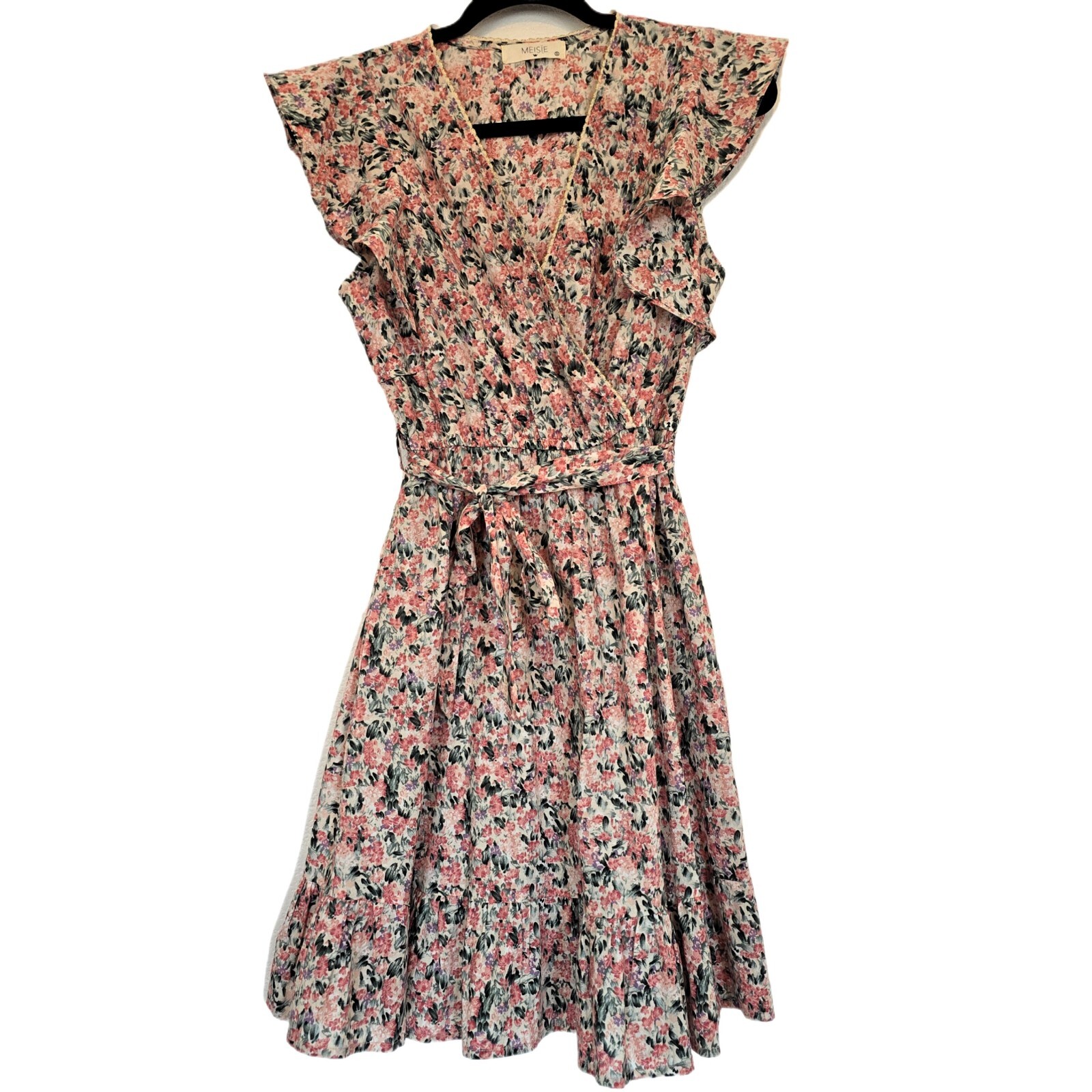 Meisie Spain S Floral Boho Dress 100% Cotton Ruffle Sleeves w/ Pockets