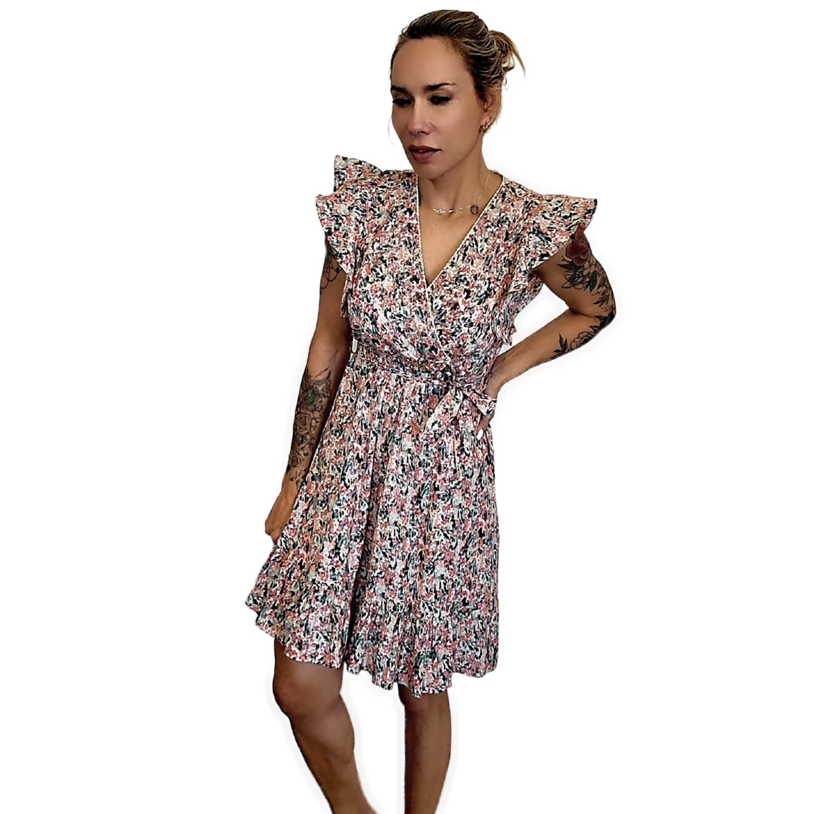 Meisie Spain S Floral Boho Dress 100% Cotton Ruffle Sleeves w/ Pockets