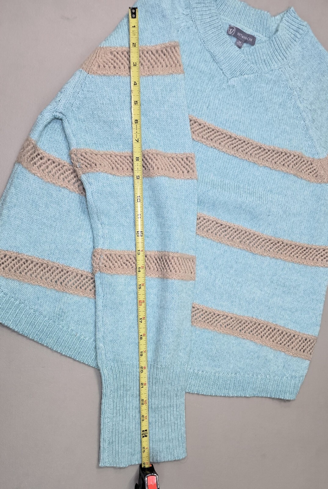 Wit & Wisdom Stripe V-Neck Sweater in Teal Lagoon/Natural - Size M