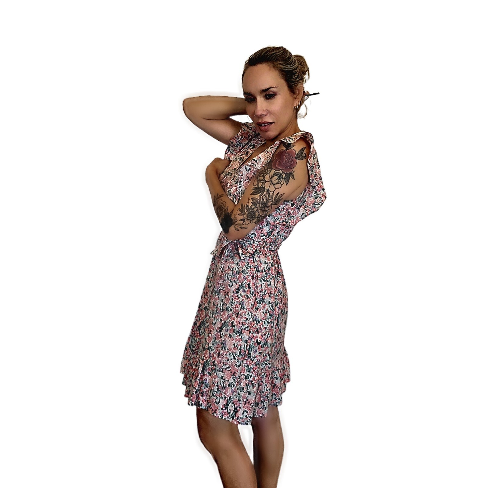 Meisie Spain S Floral Boho Dress 100% Cotton Ruffle Sleeves w/ Pockets