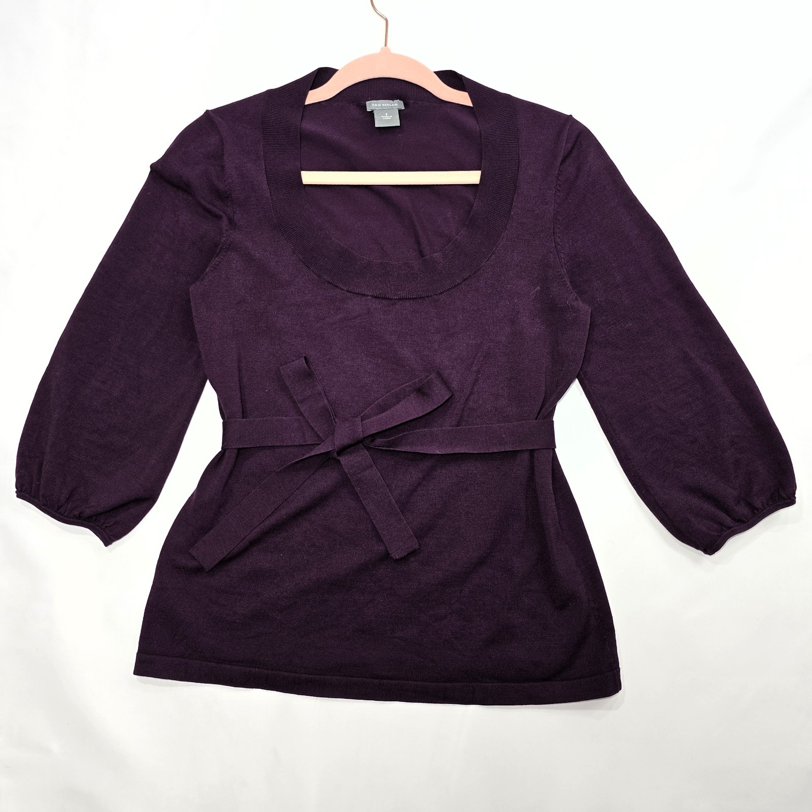 Ann Taylor Women’s Plum Sweater Belted Scoop Neck 3/4 Sleeve Size S