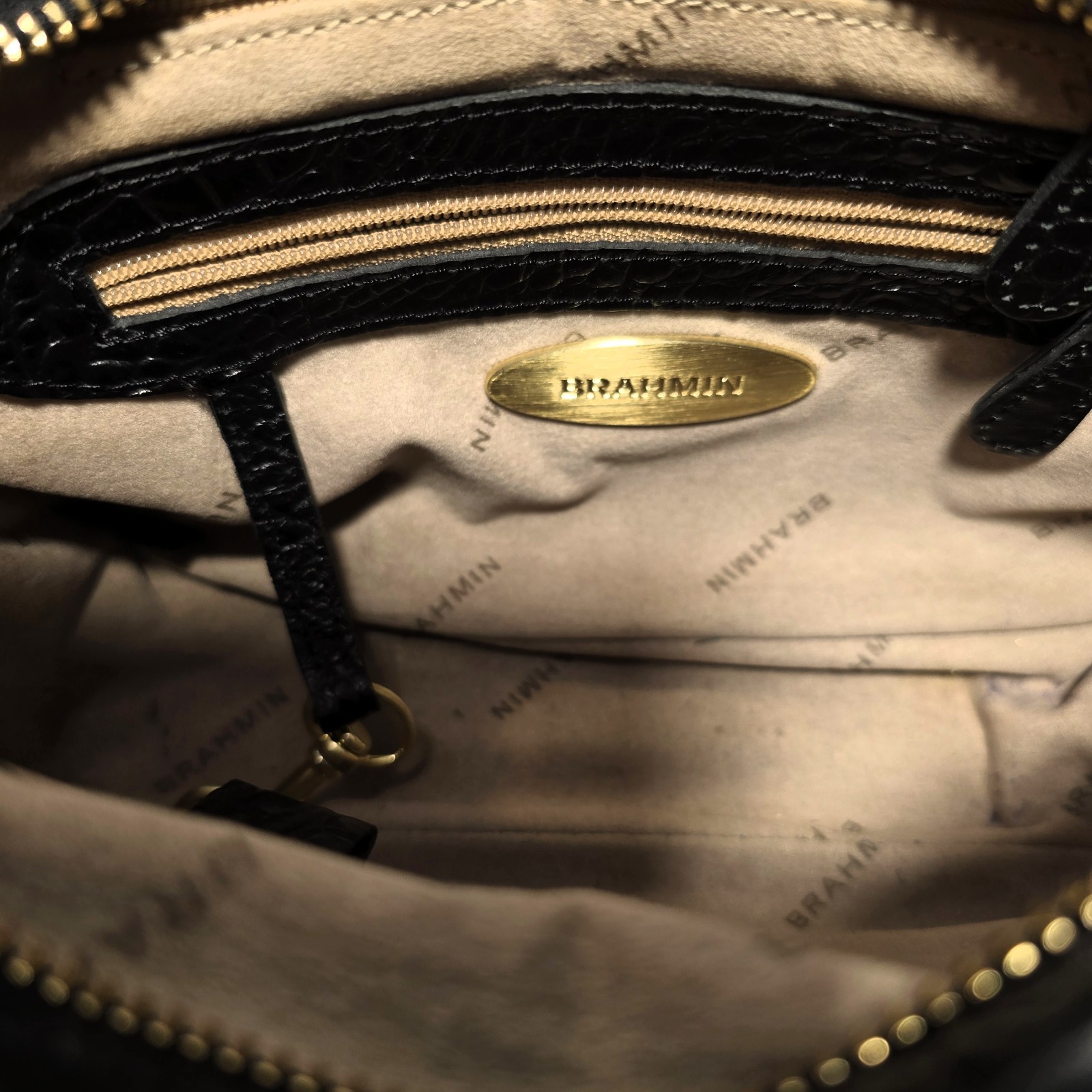 Brahmin Black Leather Multi-Texture Crossbody Bag, Gold Hardware, Key Clip
