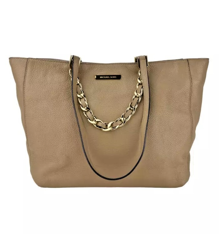 Michael Kors Harper Tote Large Khaki Shoulder Bag Leather Gold Chain MK