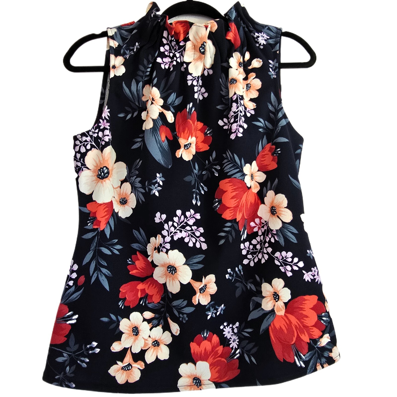 Ann Taylor Floral Sleeveless Blouse SP Ruffle Neck Black Red Orange Top