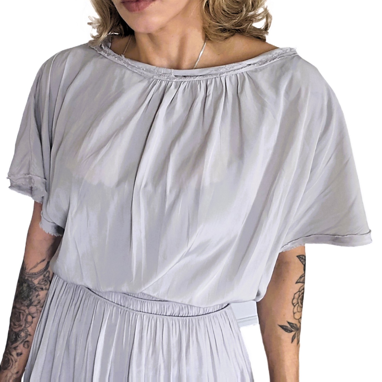 Ramy Brook “Audrey” Gray Smocked Waist Frayed Neck Blouson Midi Dress S
