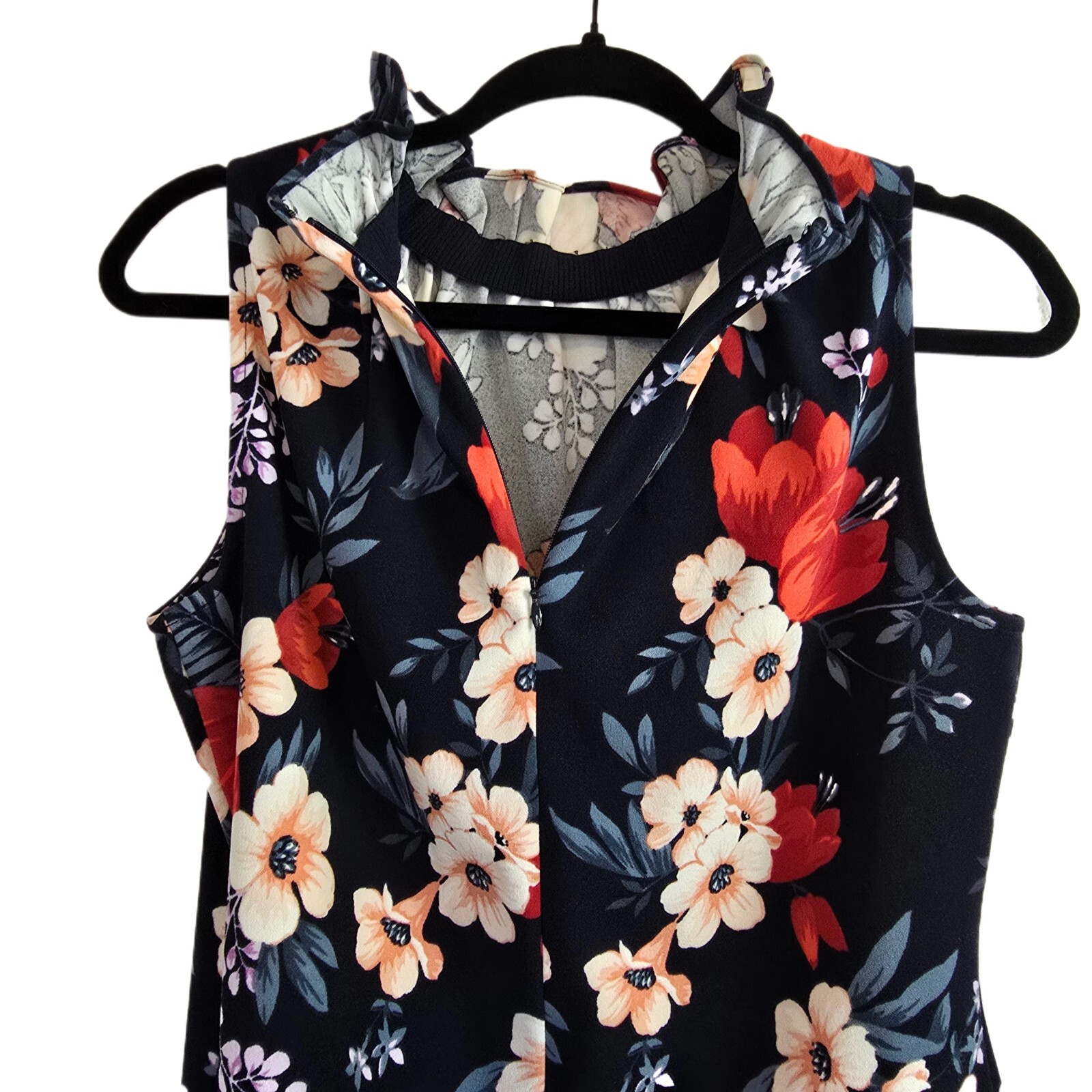 Ann Taylor Floral Sleeveless Blouse SP Ruffle Neck Black Red Orange Top