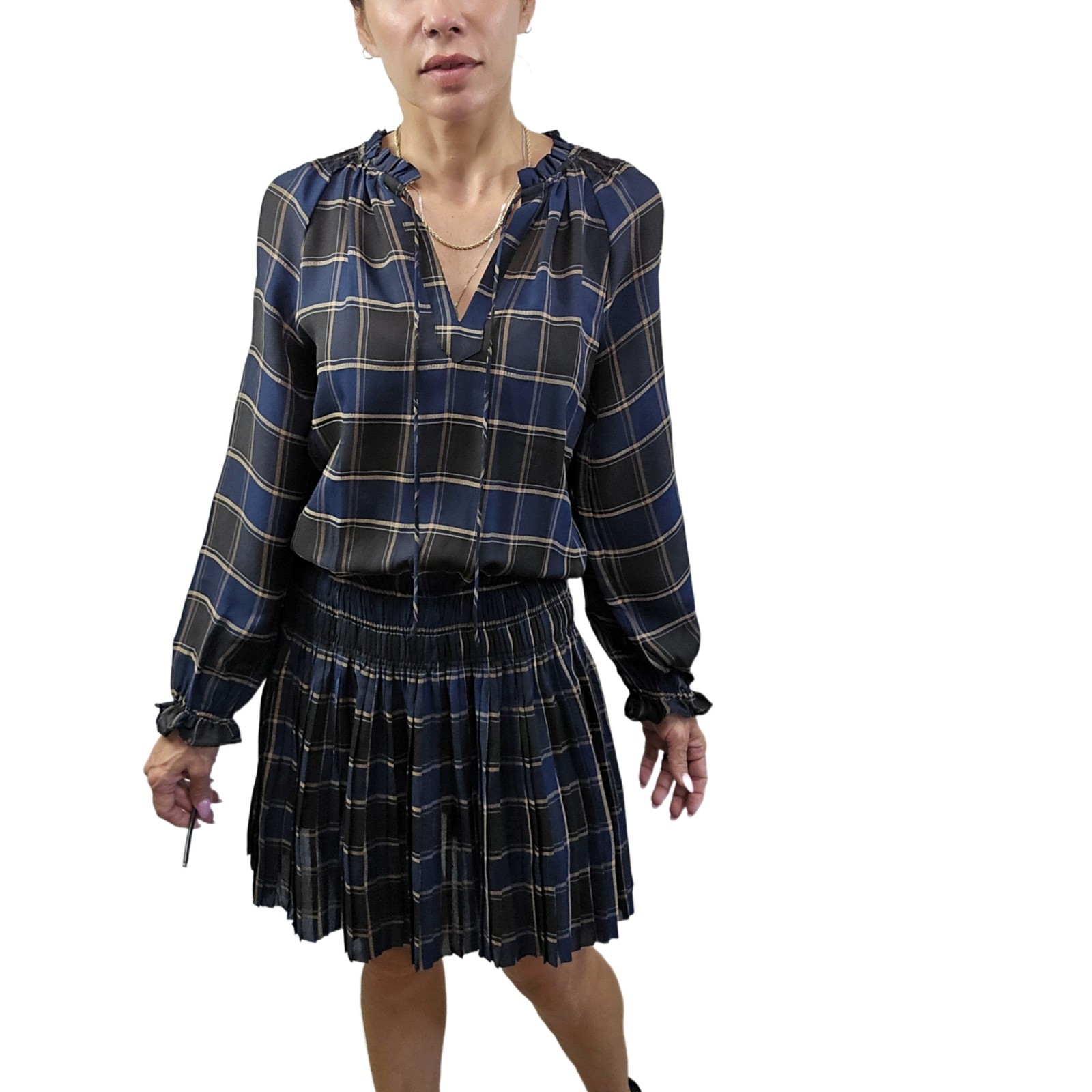 Current Air Black & Navy Plaid Ruffled Chiffon Mini Dress, Size S