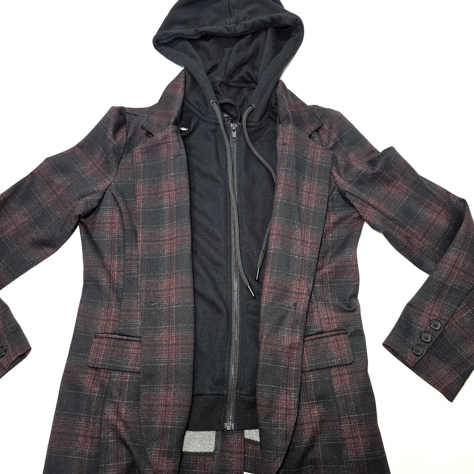 Liverpool LA Burgundy Plaid Boyfriend Blazer Size S with Removable Hoodie