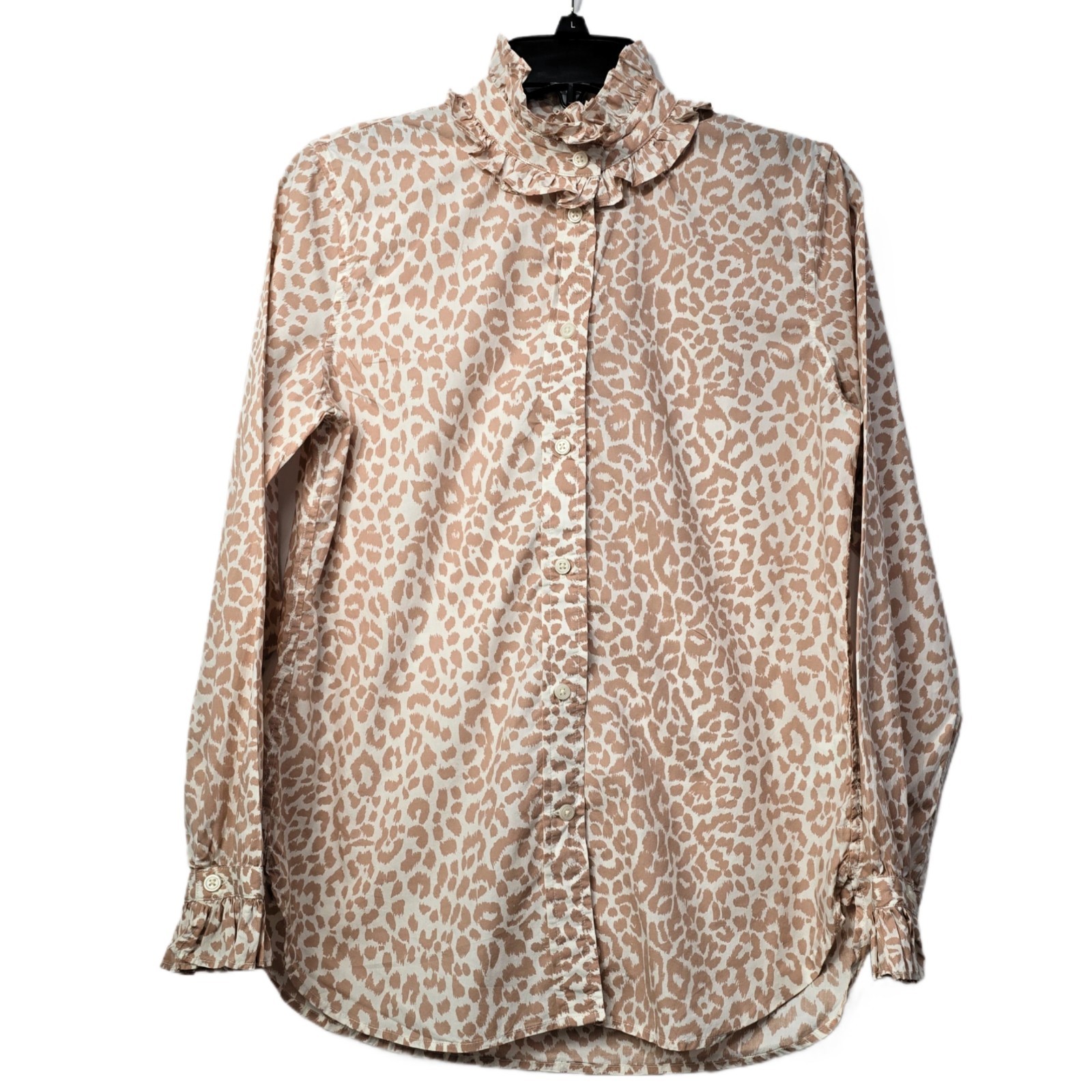 J Crew Women’s Classic-Fit Leopard Print Ruffle Neck & Cuff Shirt Blouse Sz 2