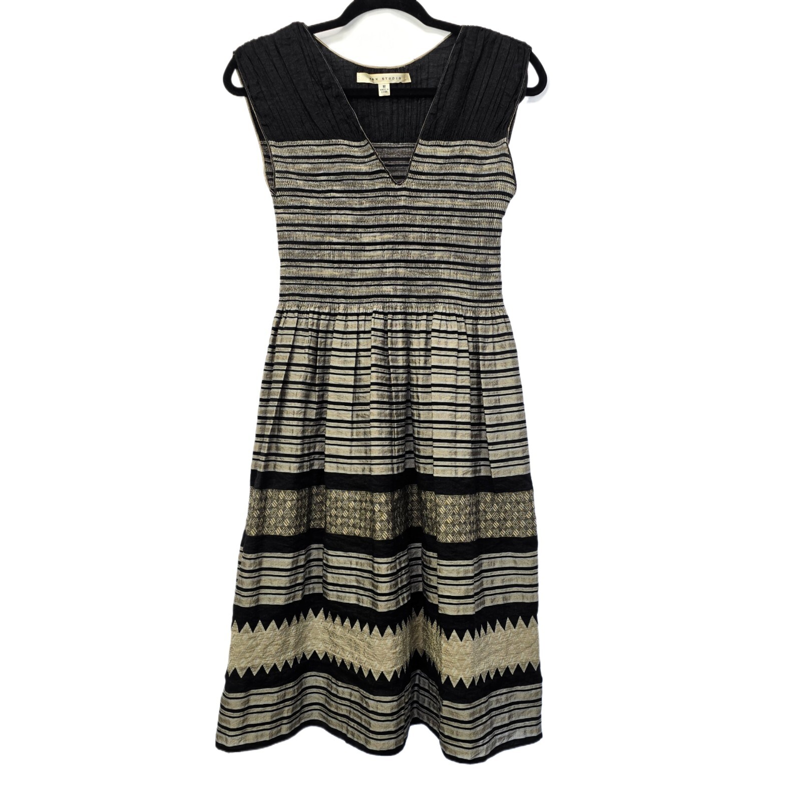 Max Studio Women's V-Neck Fit & Flare Dress M Black Gold Silver Metallic