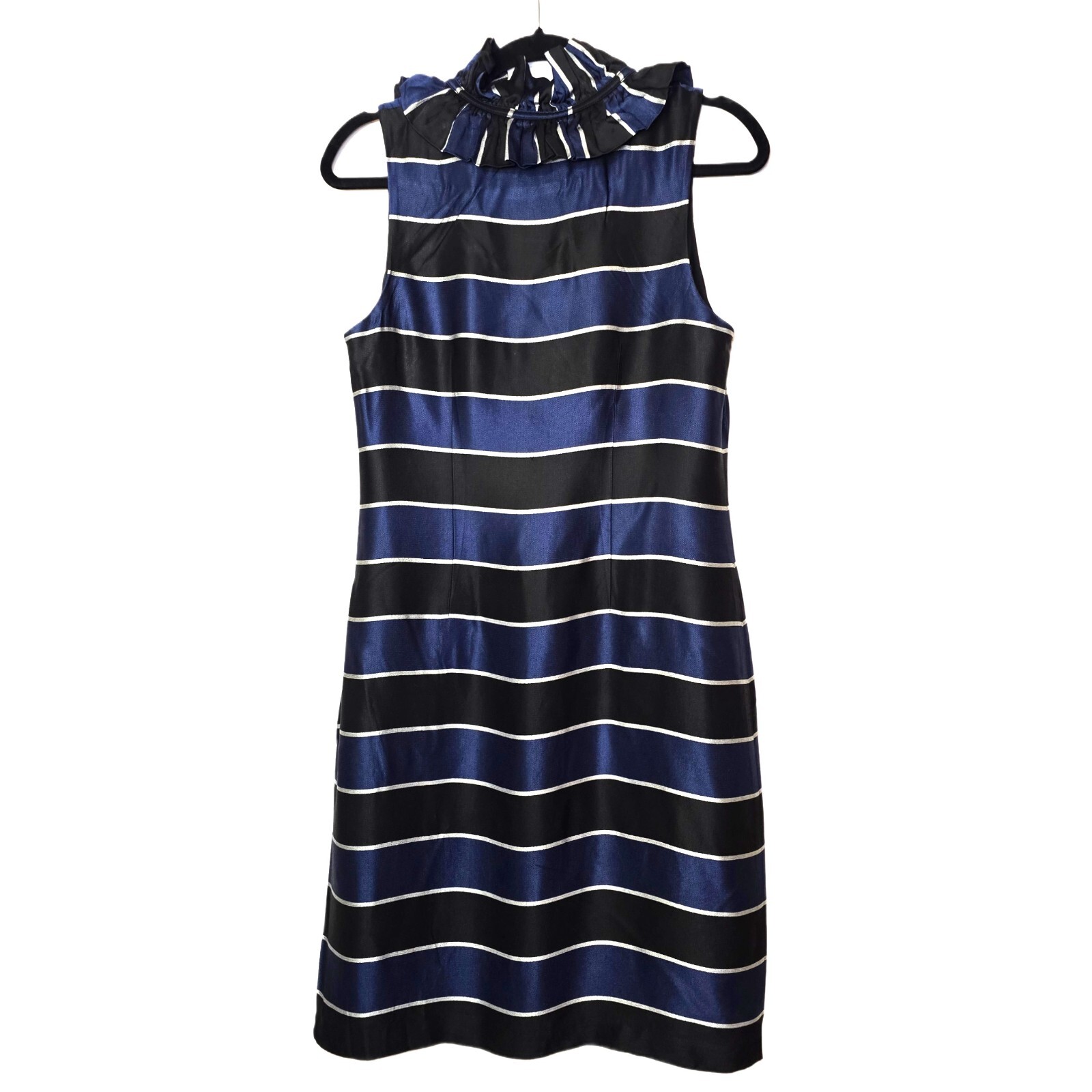 Banana Republic Women’s Size 6 Striped Shift Dress Navy Black Ruffle Neck Sleeve
