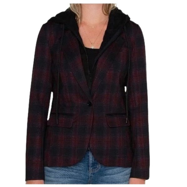 Liverpool LA Burgundy Plaid Boyfriend Blazer Size S with Removable Hoodie
