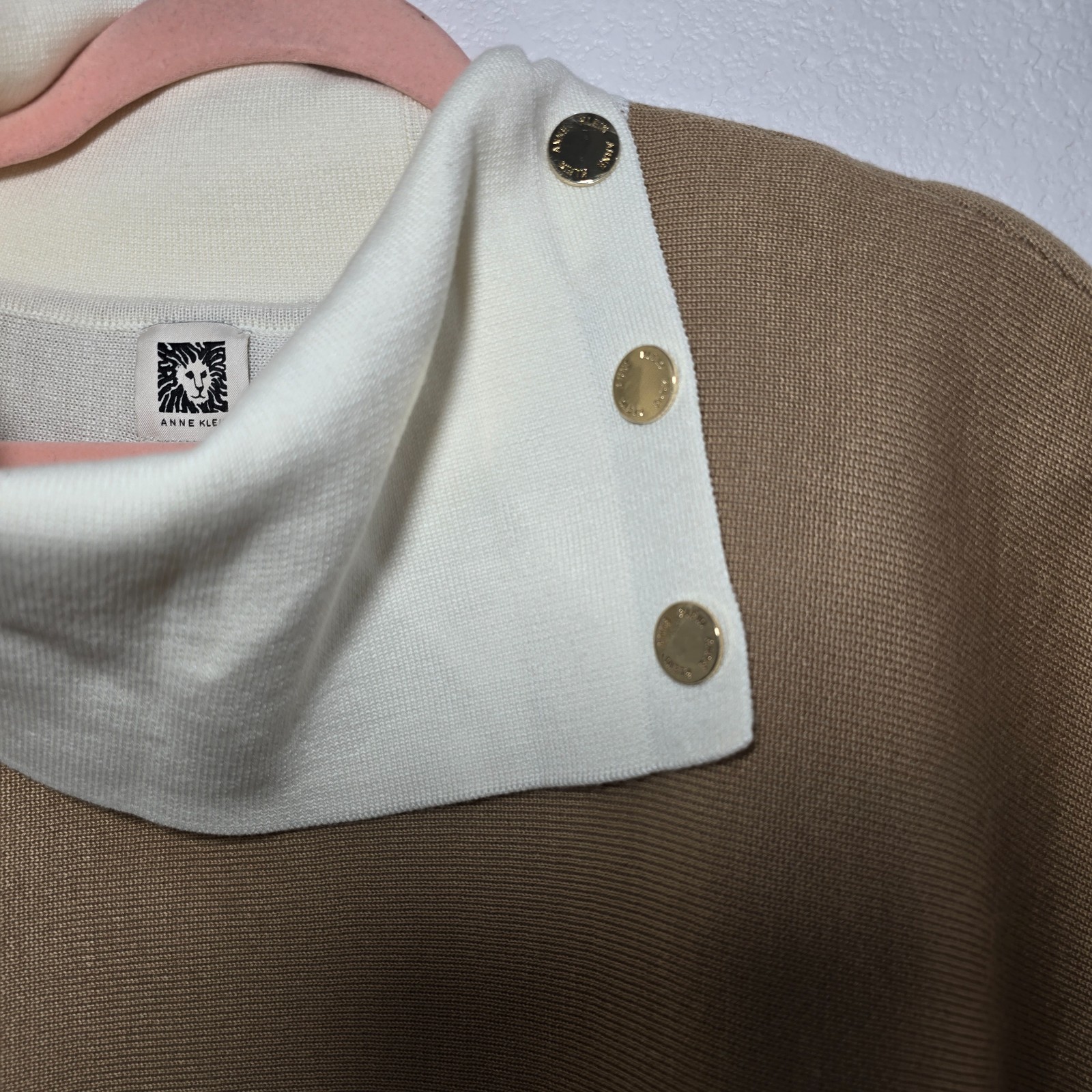 Anne Klein Double Face Poncho Sweater Size L Tan Cream Split Collar