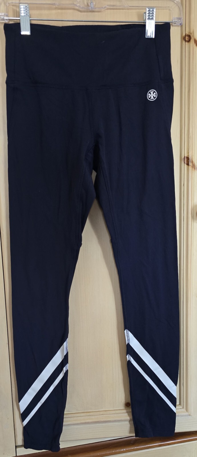 Tory Sport Chevron Leggings – Luxe Navy with White Stripes, Iconic Style, Size S