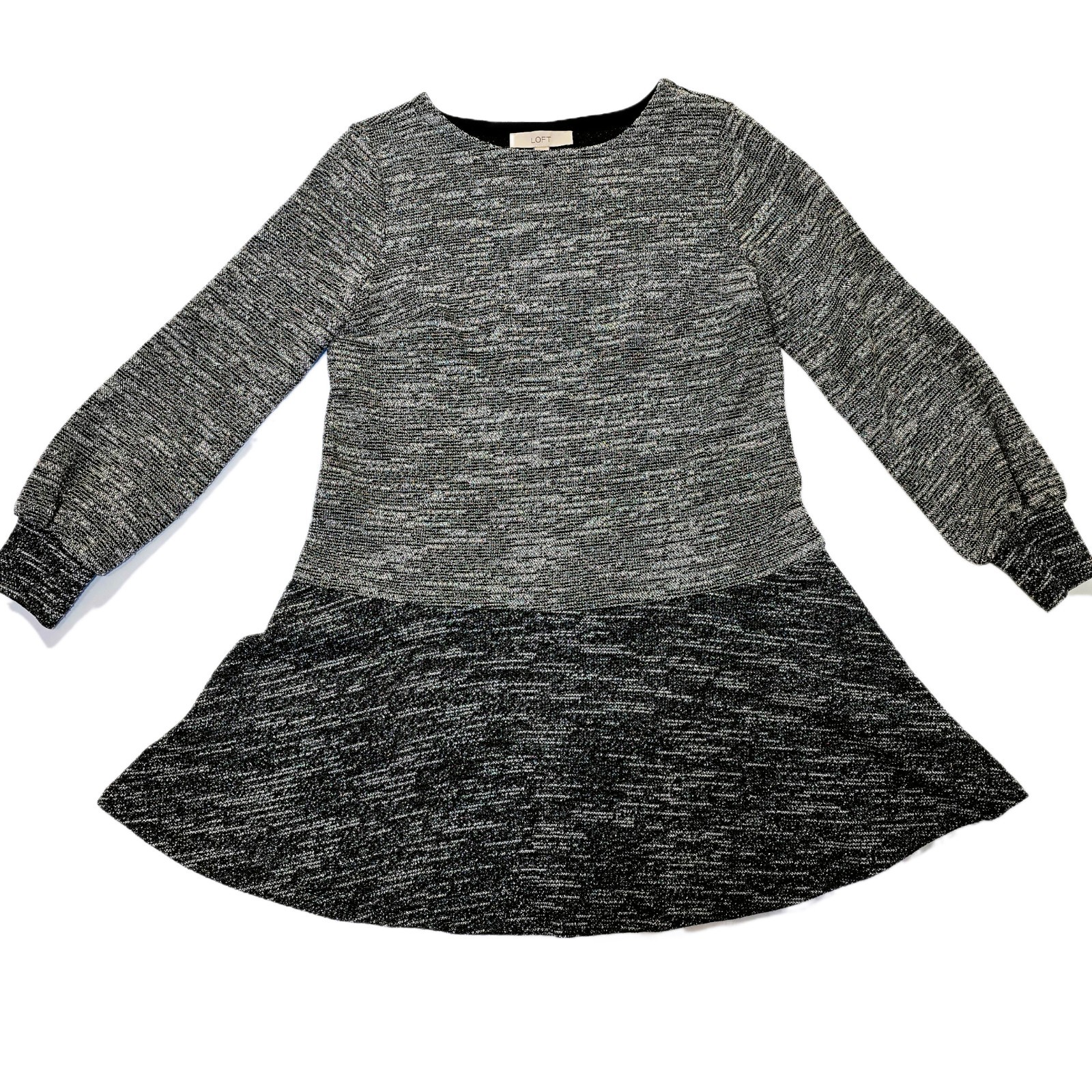 LOFT Women's Metallic Gray Sweater Dress, Medium, Balloon Sleeve, Fit & Flare