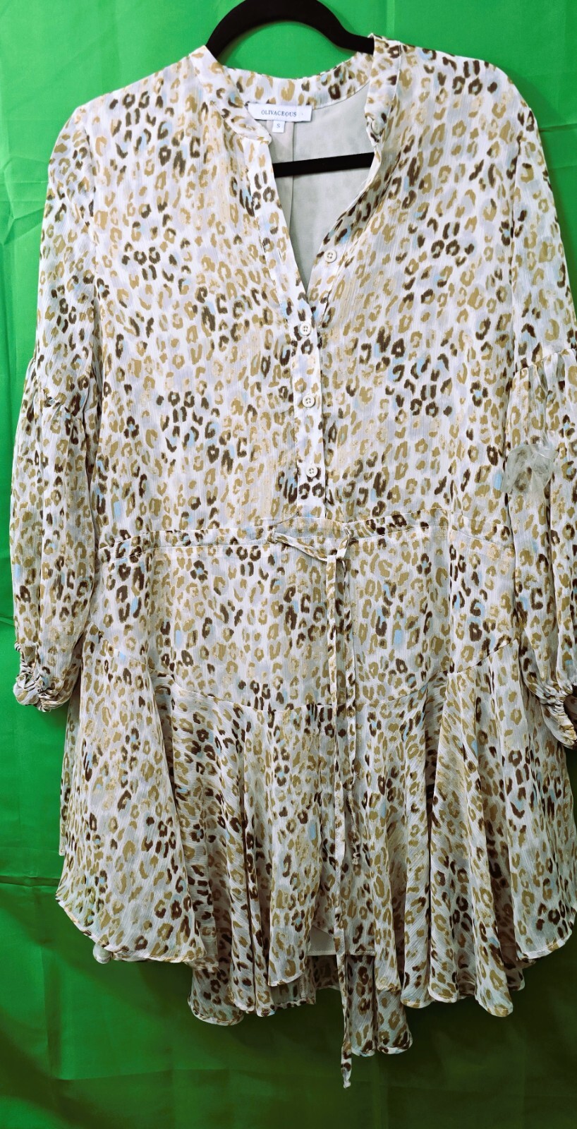 Olivaceous Women's Long Sleeve Dress (Size S): Leopard Printed Tunic V-Neck Mini