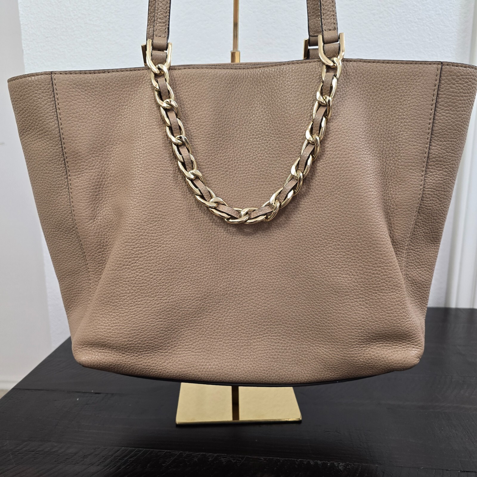 Michael Kors Harper Tote Large Khaki Shoulder Bag Leather Gold Chain MK
