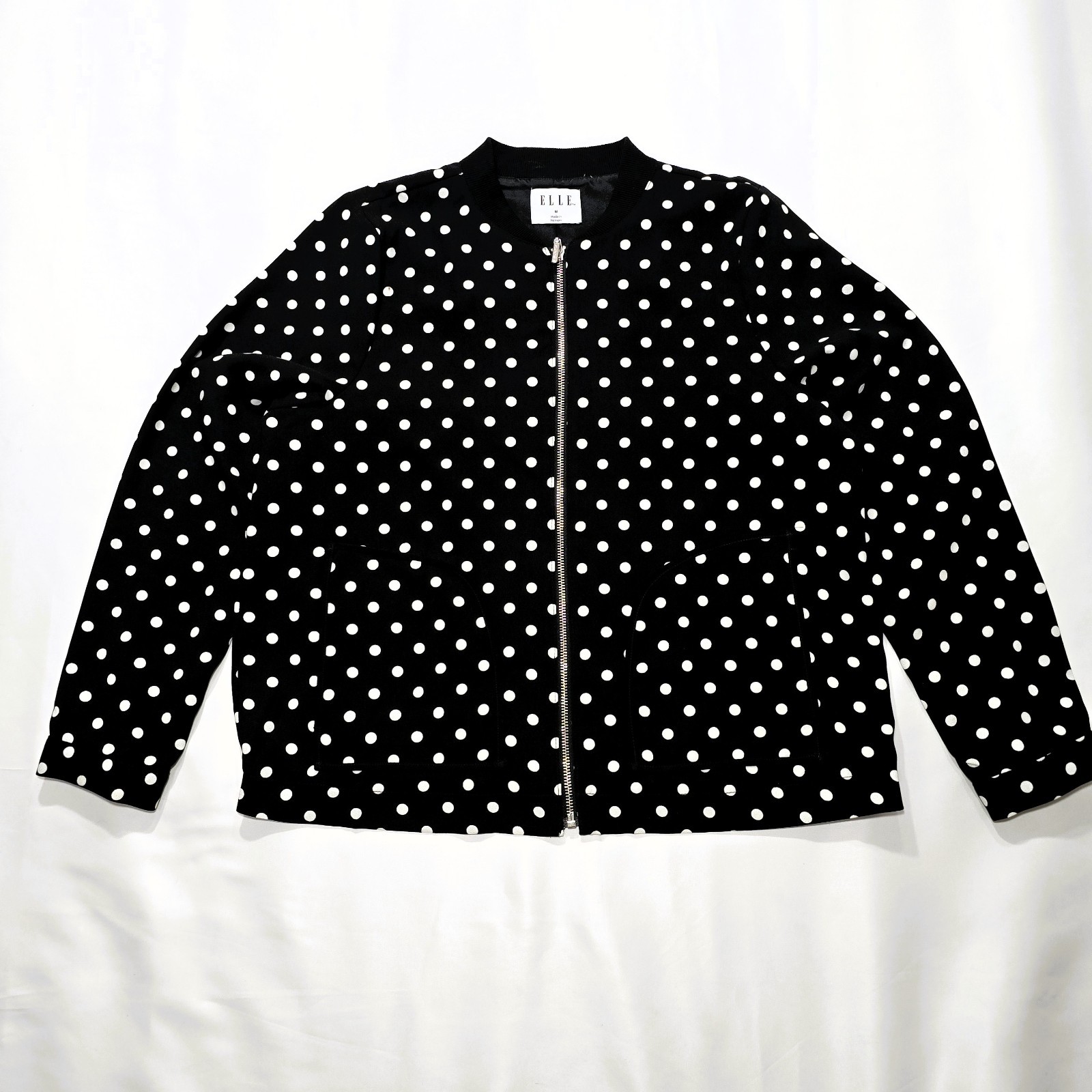 ELLE Womens Black White Polka Dot Bomber Jacket Medium Full Zip Pockets Lined