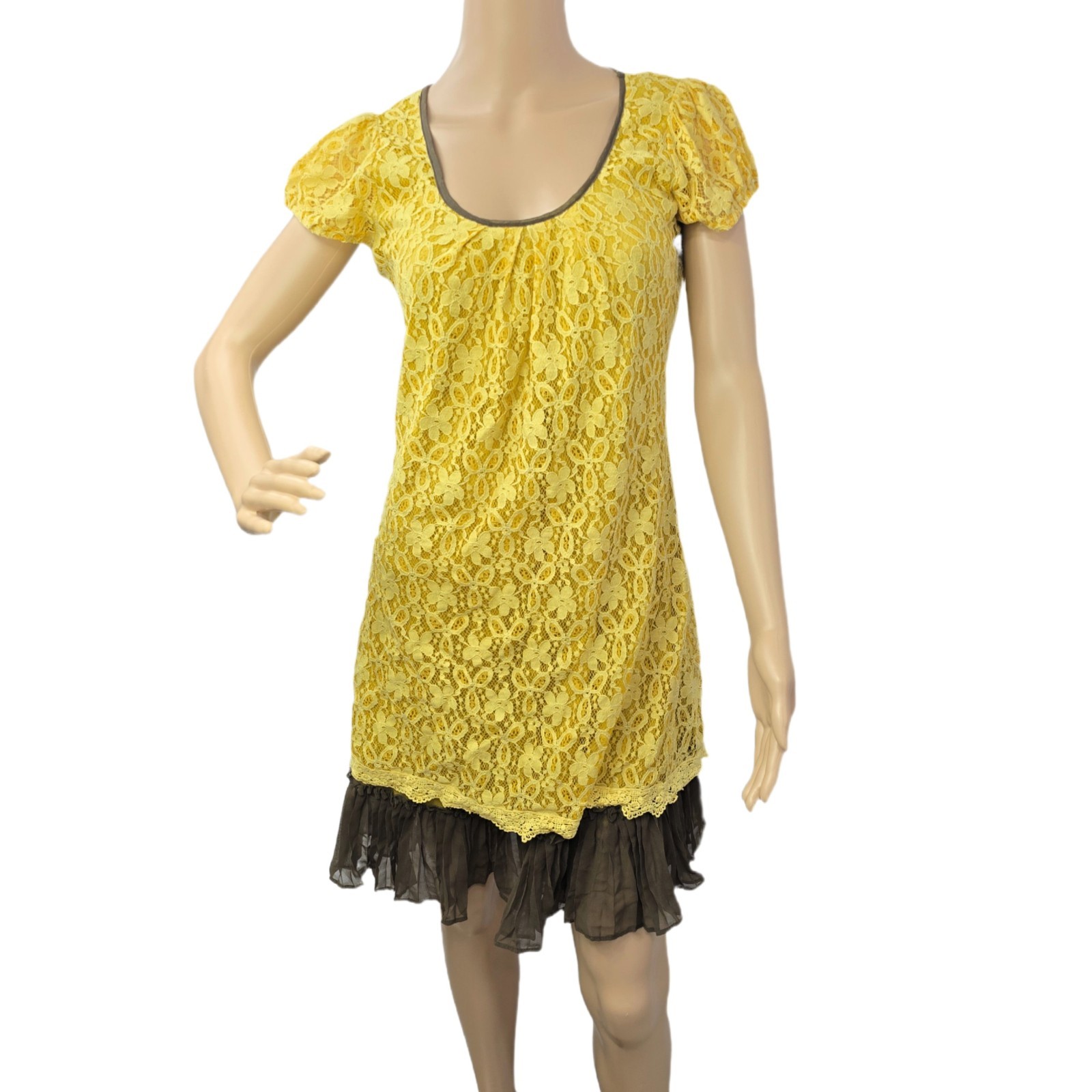 A’Reve Yellow Lace Dress Women’s Size S Romantic Boho with Ruffle Hem