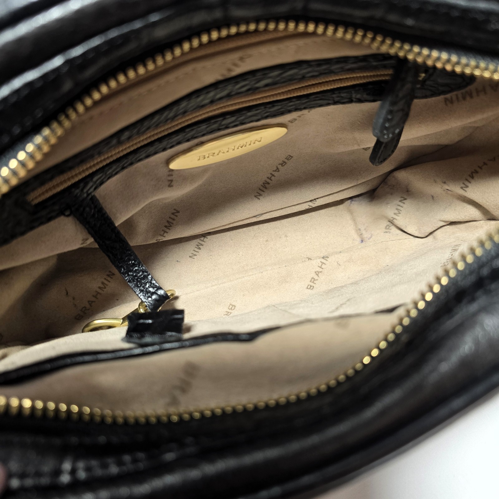 Brahmin Black Leather Multi-Texture Crossbody Bag, Gold Hardware, Key Clip