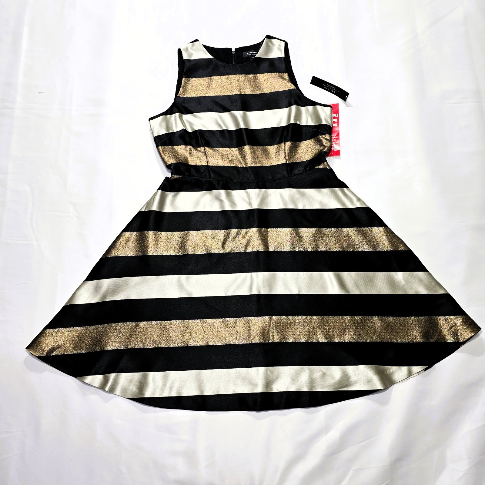 NWT TAHARI Women’s Sleeveless Striped Gold Black Fit & Flare Dress Sz 10