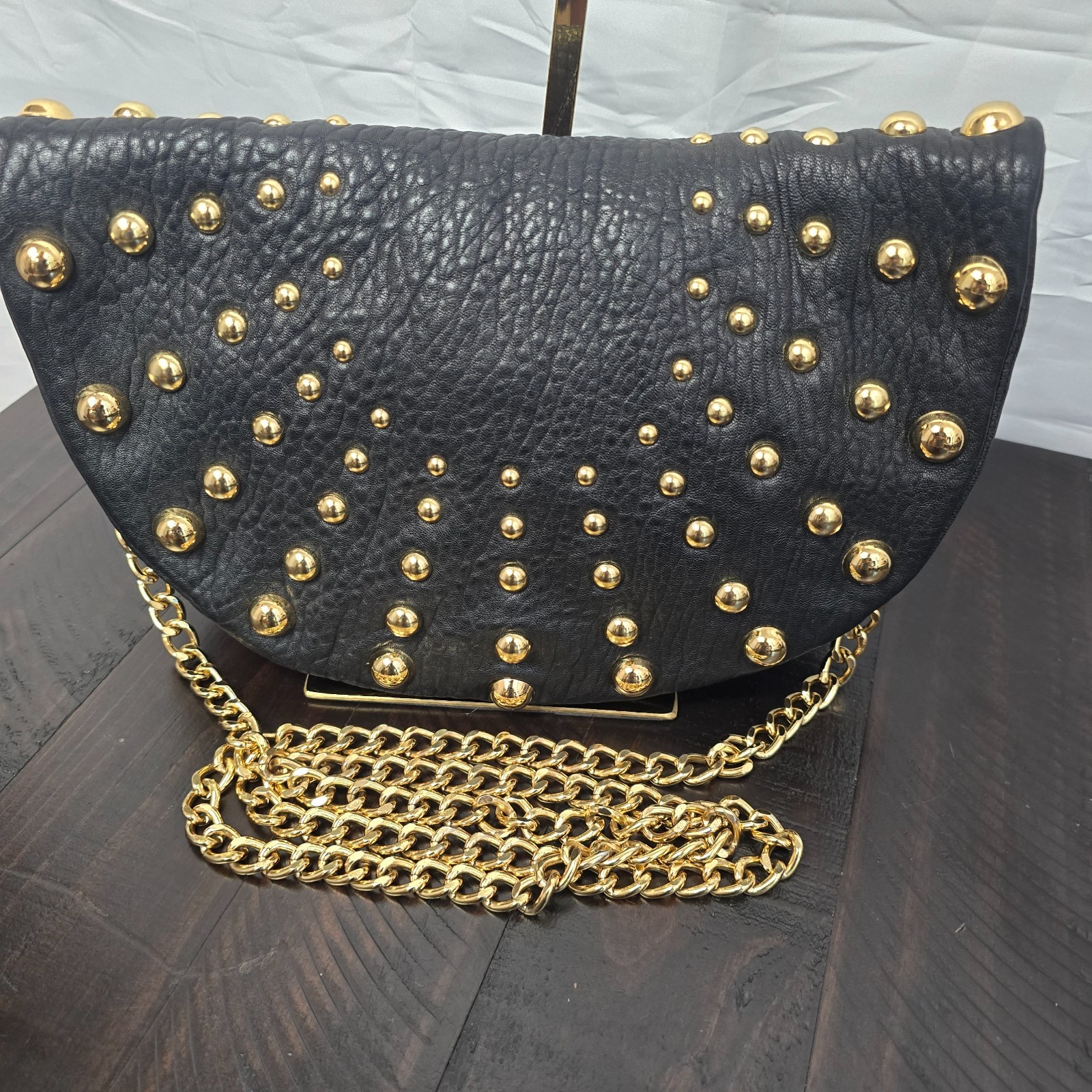 Badgley Mischka Black Leather Studded Crossbody Bag Chain Strap - Used