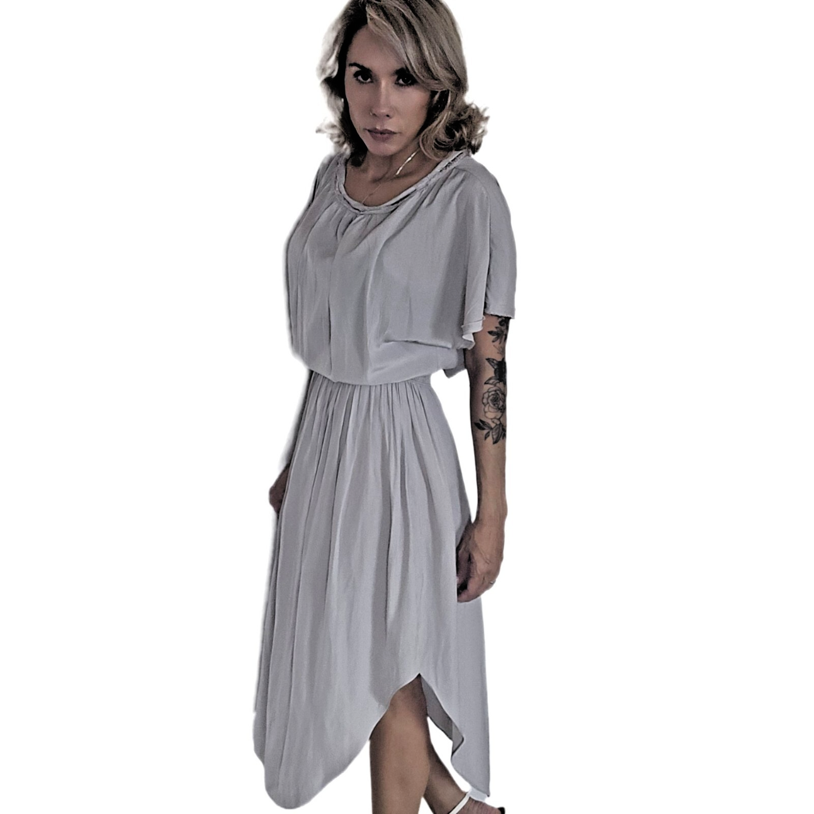 Ramy Brook “Audrey” Gray Smocked Waist Frayed Neck Blouson Midi Dress S