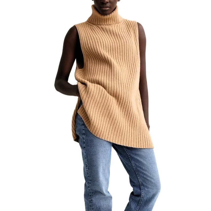 H&M Women’s Chunky Wool Blend Turtleneck Sweater Vest Tan Size S