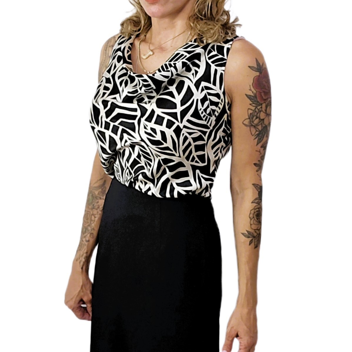 Talbots Vintage Pure Silk Cowl Neck Black White Leaf Print Sleeveless Blouse 6P