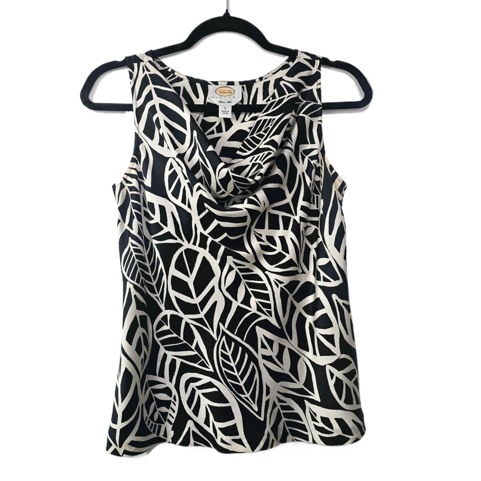 Talbots Vintage Pure Silk Cowl Neck Black White Leaf Print Sleeveless Blouse 6P