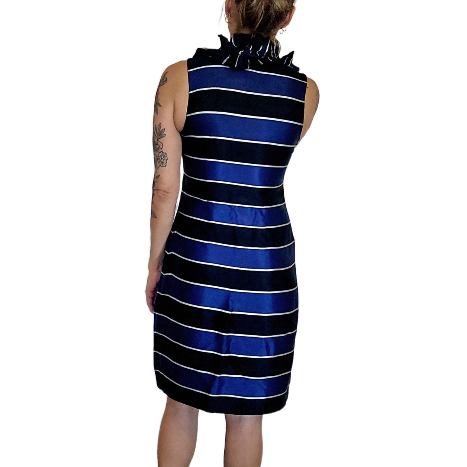 Banana Republic Women’s Size 6 Striped Shift Dress Navy Black Ruffle Neck Sleeve