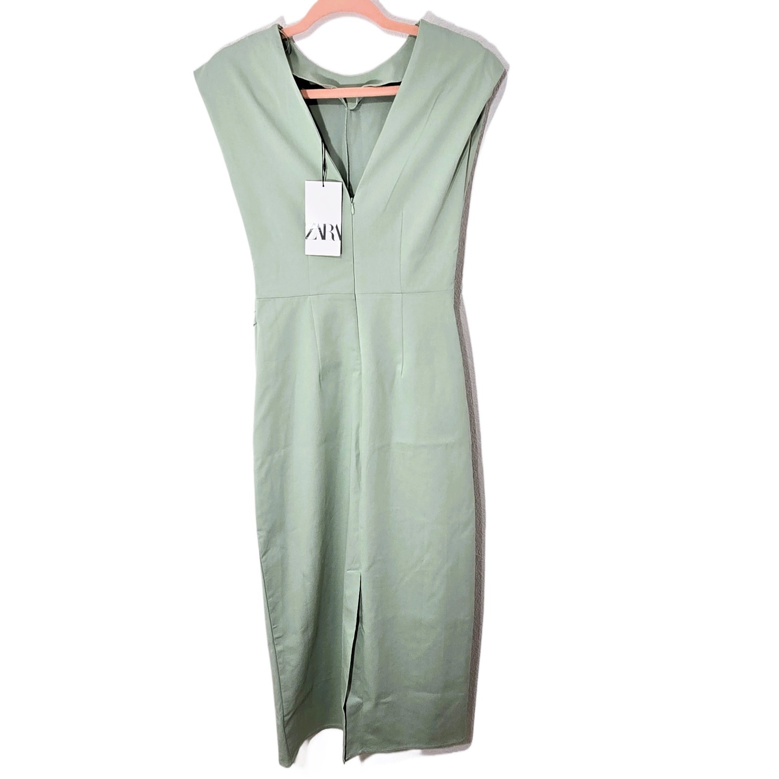 ZARA Women’s Green Sleeveless Pleated Waist Midi Dress Size S NWT