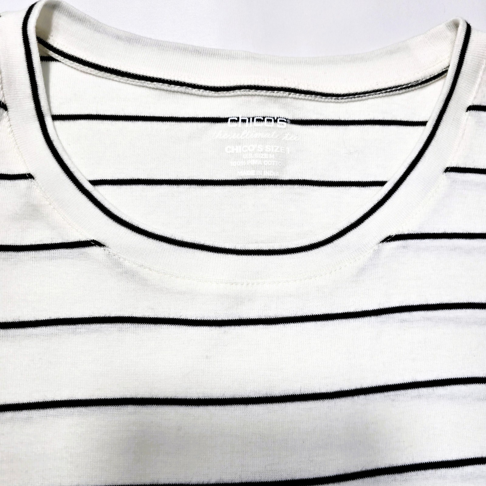 Chico’s Women’s White Black Striped Long Sleeve Tunic Top Pima Cotton Sz 1