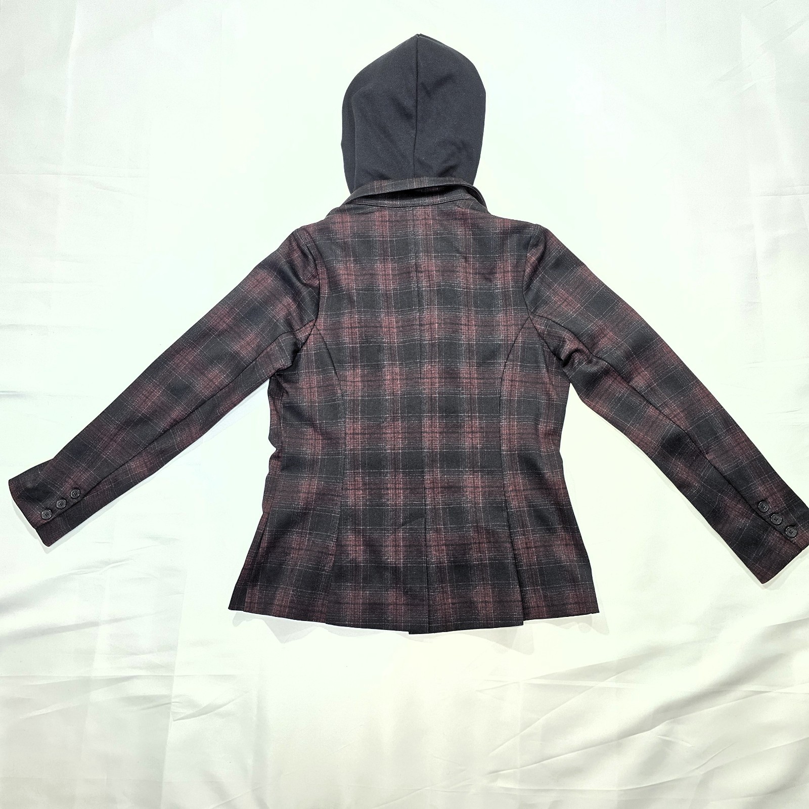 Liverpool LA Burgundy Plaid Boyfriend Blazer Size S with Removable Hoodie