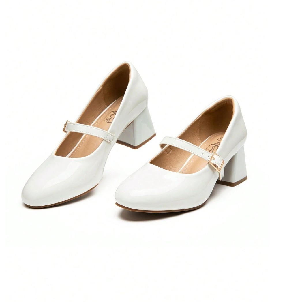 Trary Women's White Patent Mary Jane Chunky Heels Pumps Size 9M New