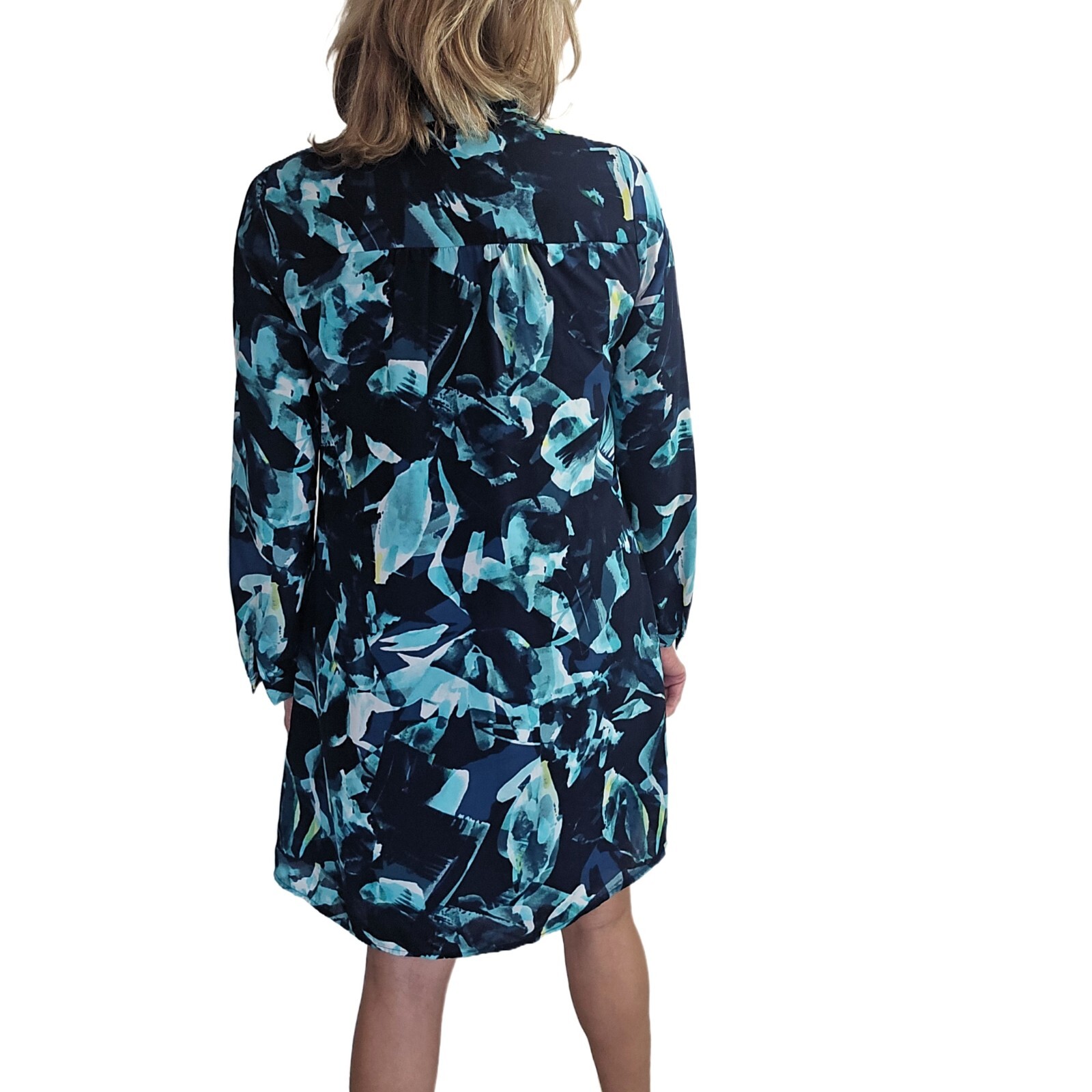 Cupio Tie Neck Abstract Dress Size S Long Sleeve Lined Blue Shift Style