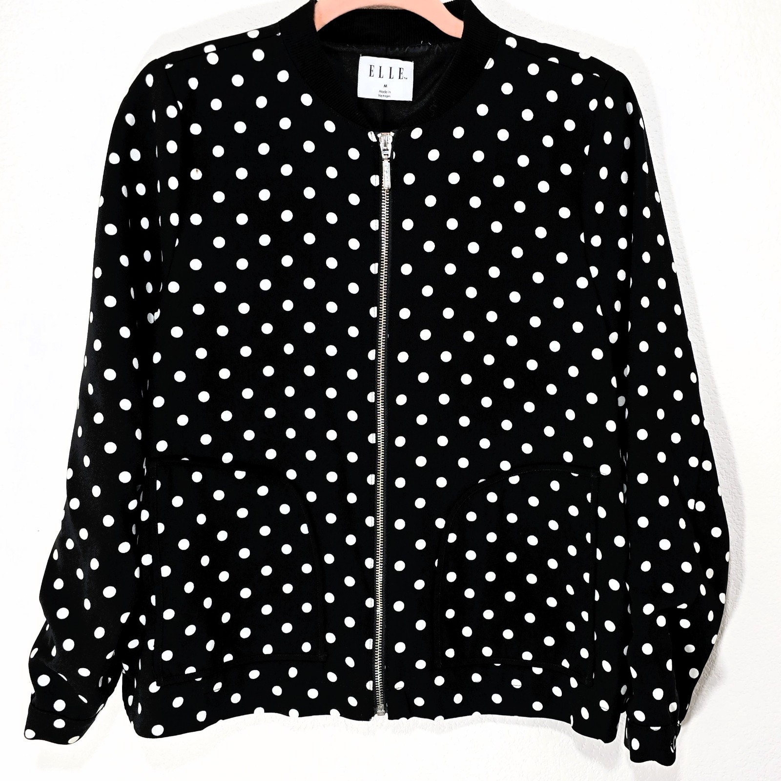 ELLE Womens Black White Polka Dot Bomber Jacket Medium Full Zip Pockets Lined