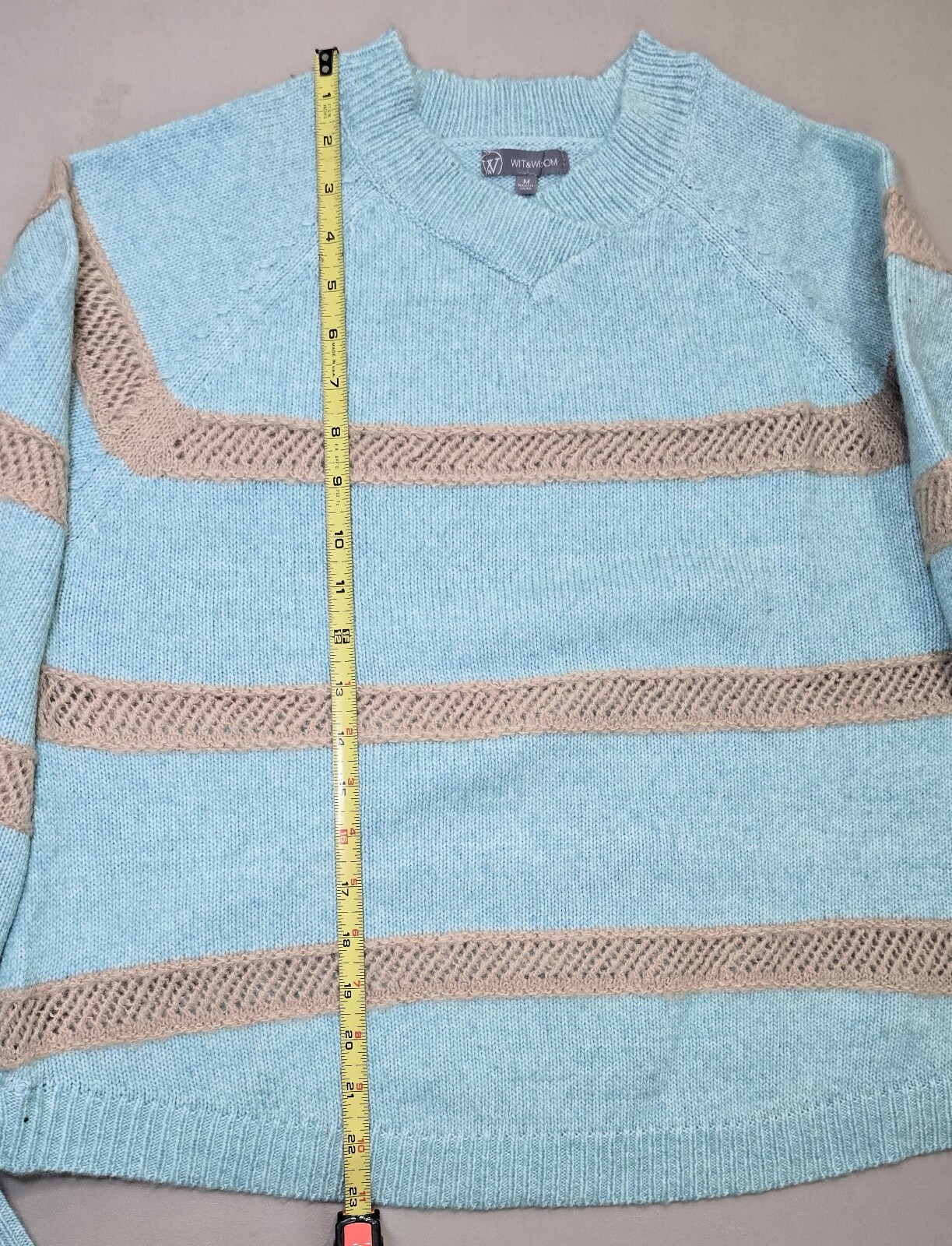 Wit & Wisdom Stripe V-Neck Sweater in Teal Lagoon/Natural - Size M