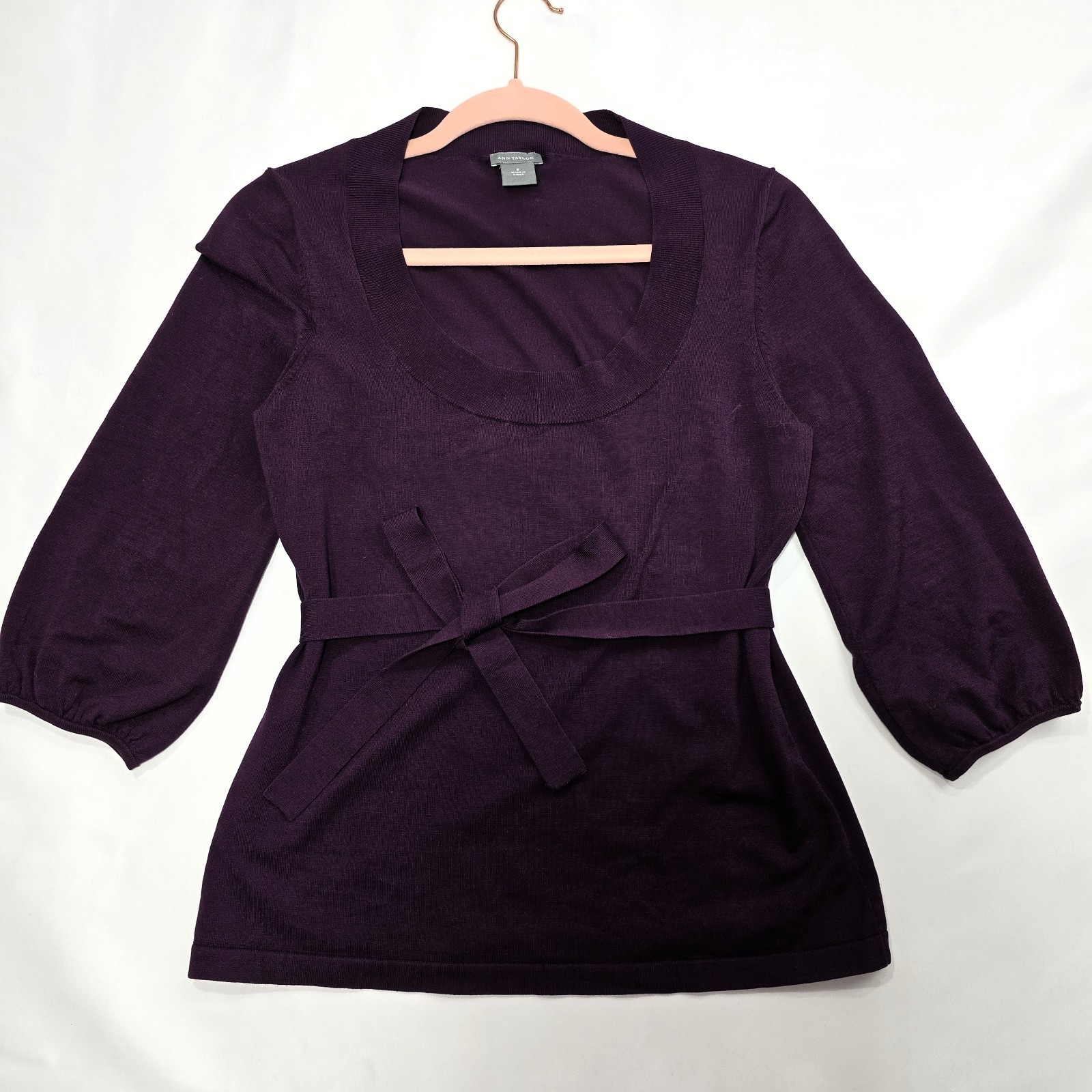 Ann Taylor Women’s Plum Sweater Belted Scoop Neck 3/4 Sleeve Size S