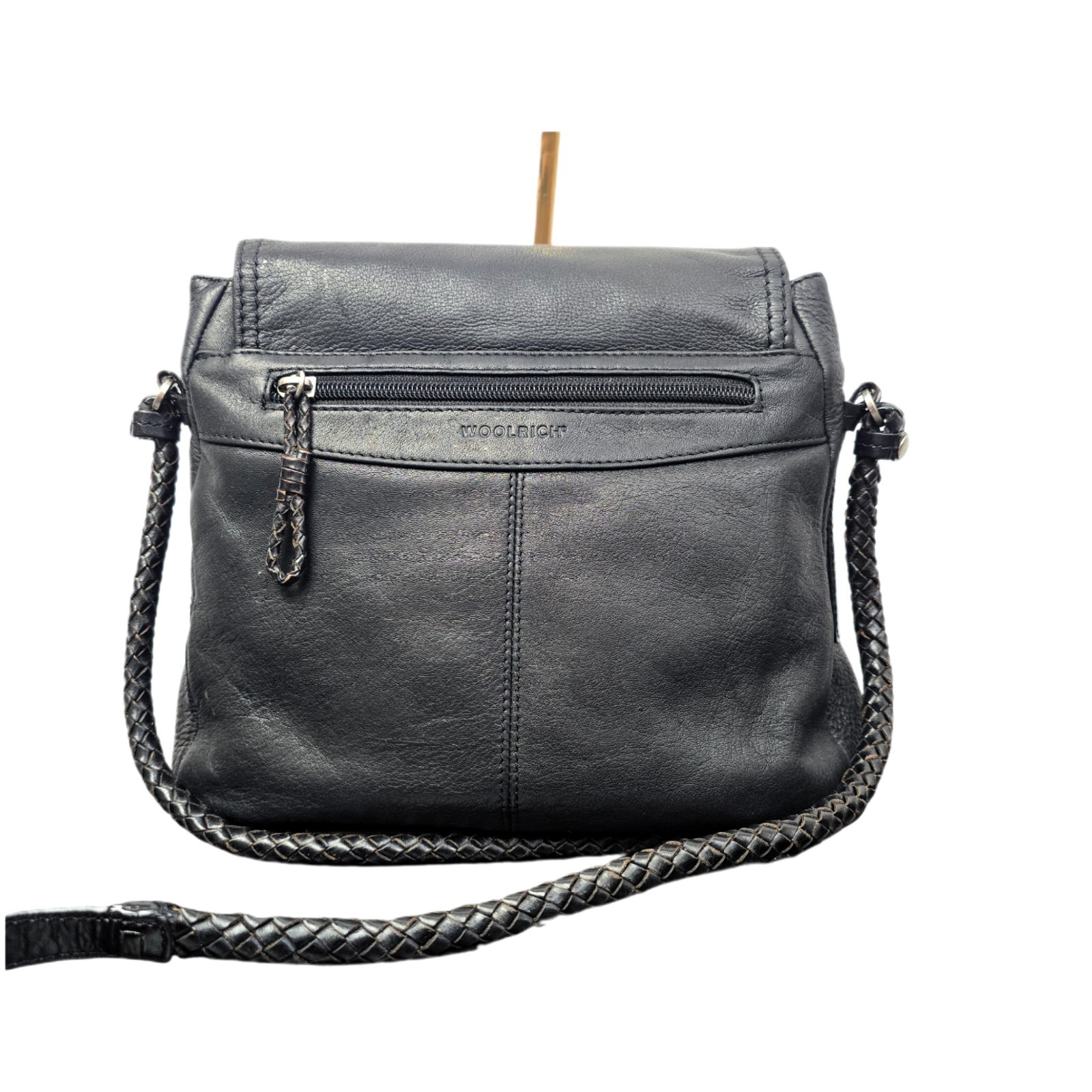 Woolrich Black Genuine Leather Crossbody Bag Braided Strap Multiple Pockets - Used