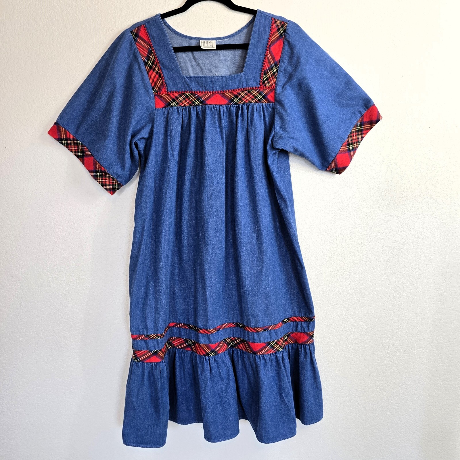 VTG 1980s Appel Denim Look Dress Boho Red Plaid Trim L/XL Grandmacore Cotton