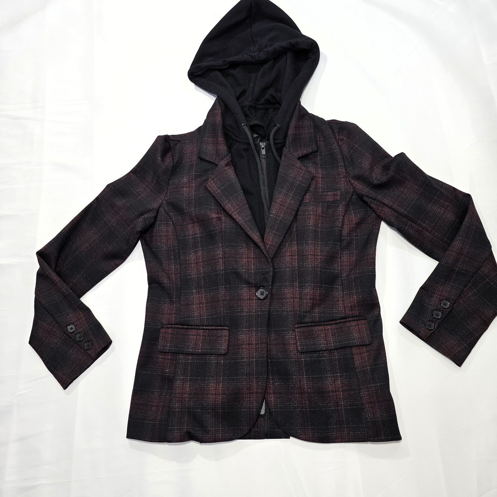 Liverpool LA Burgundy Plaid Boyfriend Blazer Size S with Removable Hoodie