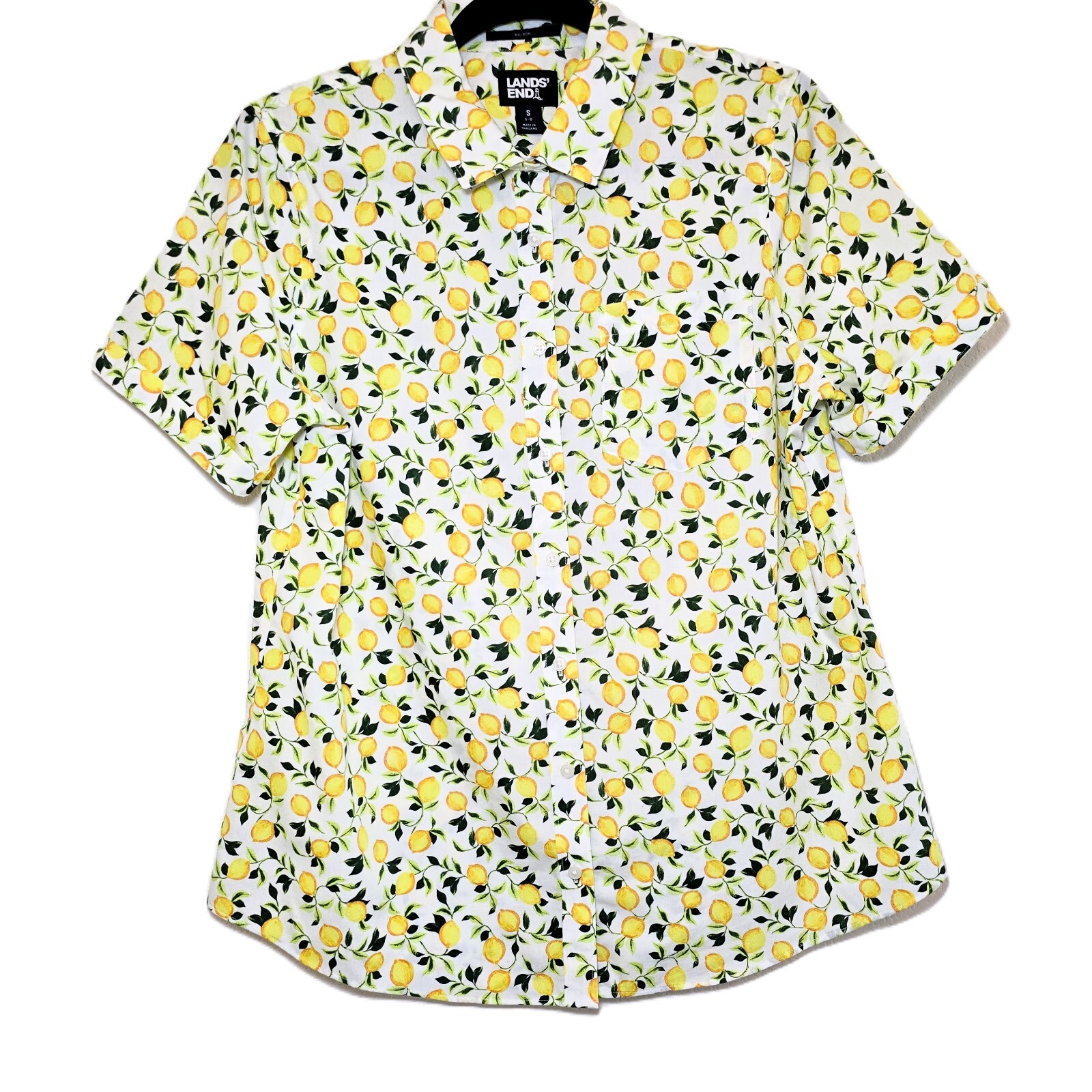 Lands’ End Women’s Wrinkle-Free No-Iron Shirt – Size S, White Lemons Print