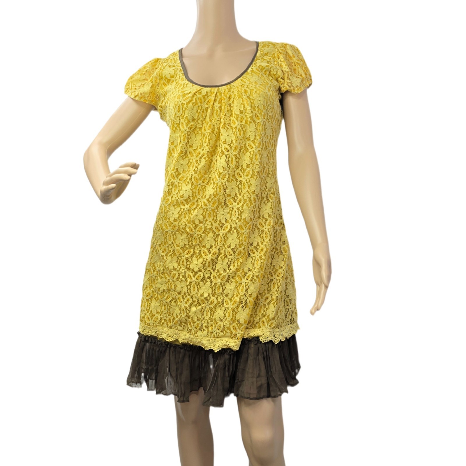 A’Reve Yellow Lace Dress Women’s Size S Romantic Boho with Ruffle Hem